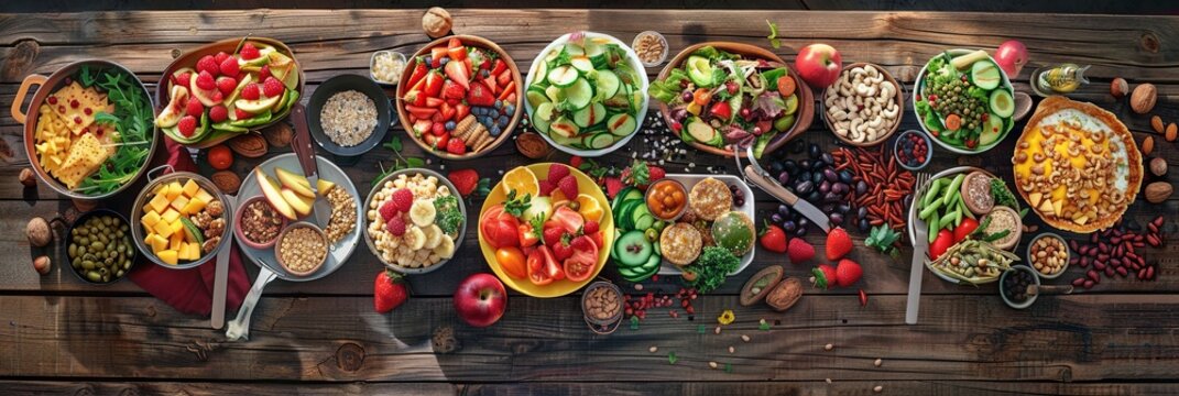 A beautifully arranged wooden table displays a vibrant mix of fresh fruits, nutritious vegetables, various nuts, and wholesome meals. Generative AI