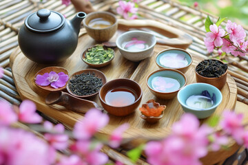 A tray of teas and teacups with a floral background