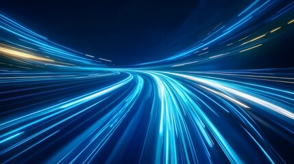 Luminous blue lines speed. Neon color glowing lines background, high-speed light trails effect. Futuristic dynamic motion technology.
