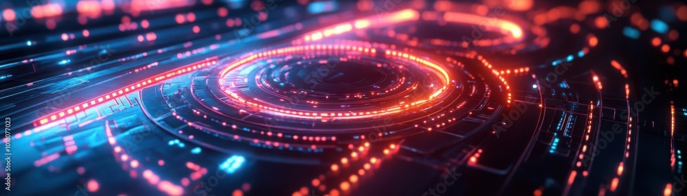 Poster futuristic digital background featuring glowing circular patterns and vibrant lights, perfect for te