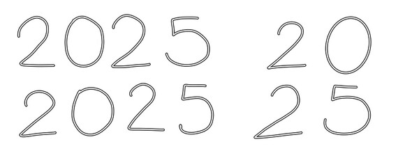 2025 new year numbers. Hand drawn numbers with marker or pen. Double outline font. Script cursive typography. Template and mockup. 