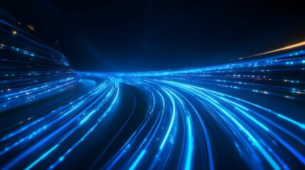 Luminous blue lines speed. Neon color glowing lines background, high-speed light trails effect. Futuristic dynamic motion technology.