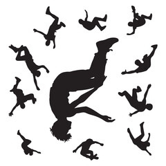 Silhouette teenager jumping flip. Silhouette of a man doing a backflip silhouettes vector illustration black and white art