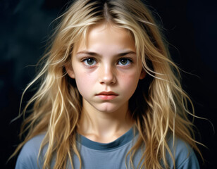 Naklejka premium Portrait of a sad teenage girl on a black background