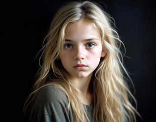 Fototapeta premium Portrait of a sad teenage girl on a black background