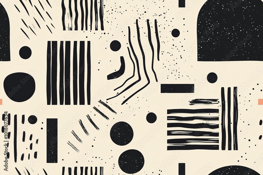 Poster seamless pattern of abstract geometric pattern featuring black shapes and lines on a cream backgroun