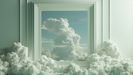 A surreal liminal space featuring an empty frame surrounded by fluffy clouds and soft light creating an ethereal atmosphere