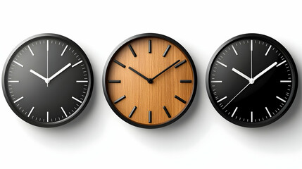 Three stylish wall clocks with different designs and finishes.