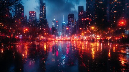 Fototapeta premium A cityscape at night with reflections in a body of water.