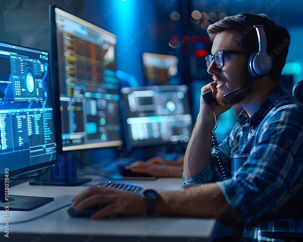 Poster tech support assisting customer over phone with multiple screens glowing in background