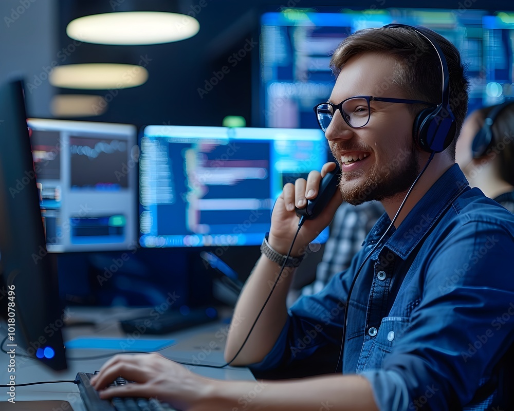 Poster Tech Support Worker Assisting Customer Over the Phone with Multiple Screens in Background
