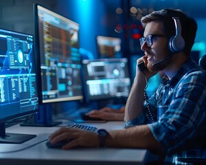 Tech Support Assisting Customer Over Phone with Multiple Screens Glowing in Background