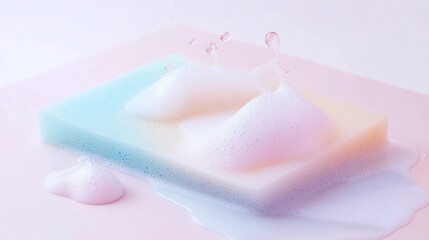 Sponge with colorful foam on a white background with pink paste color. Beside it, there is a piece of colorful soft soap foam bubble on the front and back