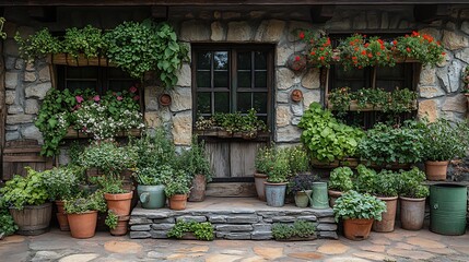 Rustic stone planters overflowing fresh parsley and oregano vintage watering cans beside raised beds compostrich soil and old wooden trellises covered in vining heirloom vegetables