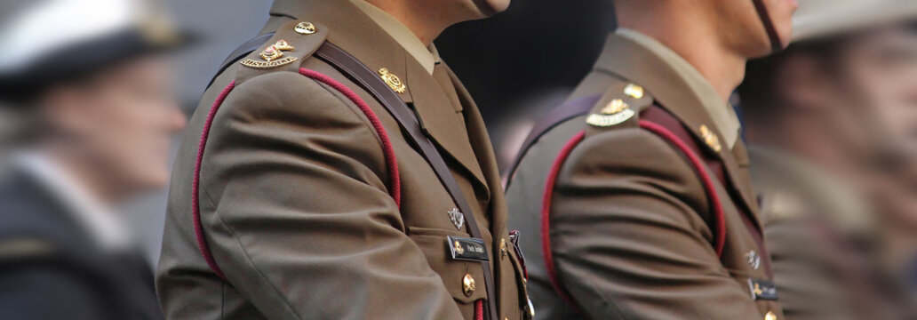 Sydney, NSW Australia - April 25 2021: Anzac Day March. Australian Army soldiers wearing ceremonial uniforms 