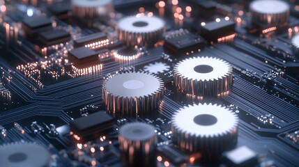 Close-Up of Modern Technology with Gears and Circuit Board Reflecting Innovation