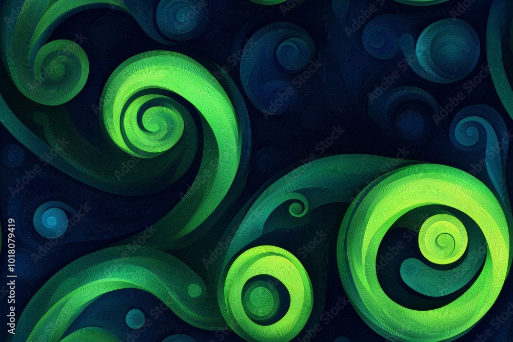 Fototapete seamless pattern of abstract green swirls on a dark background creating a dynamic visual effect.