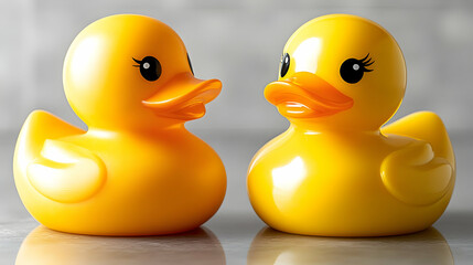 Two cheerful yellow rubber ducks facing each other.