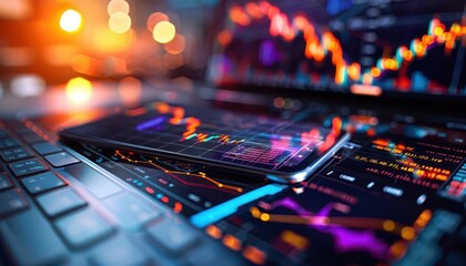 Obraz premium Stock market charts and graphs, vibrant colors, photography, informative, modern