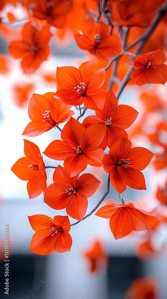 Poster a clear photo of flower clusters on a tree limb against a soft building background