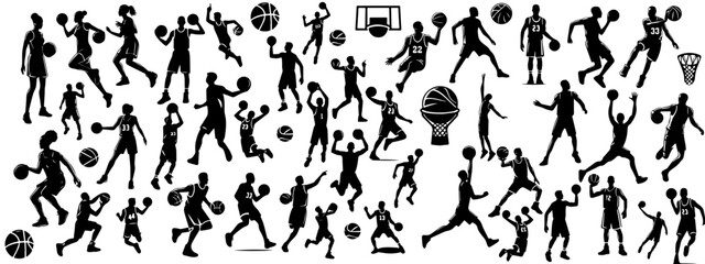 Big set of black vector silhouette basketball player isolated on white