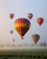 Fototapeta premium Hot air balloons hover over a beautiful hilly landscape