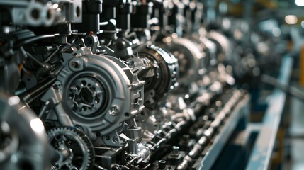 Fototapeta premium Automotive Engine Production Line in a Modern Factory – Industrial Engineering and Precision Manufacturing