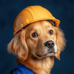 Construction-Ready Canine: Cheerful Golden Retriever Dog in Safety Gear Poses Isolated on Background