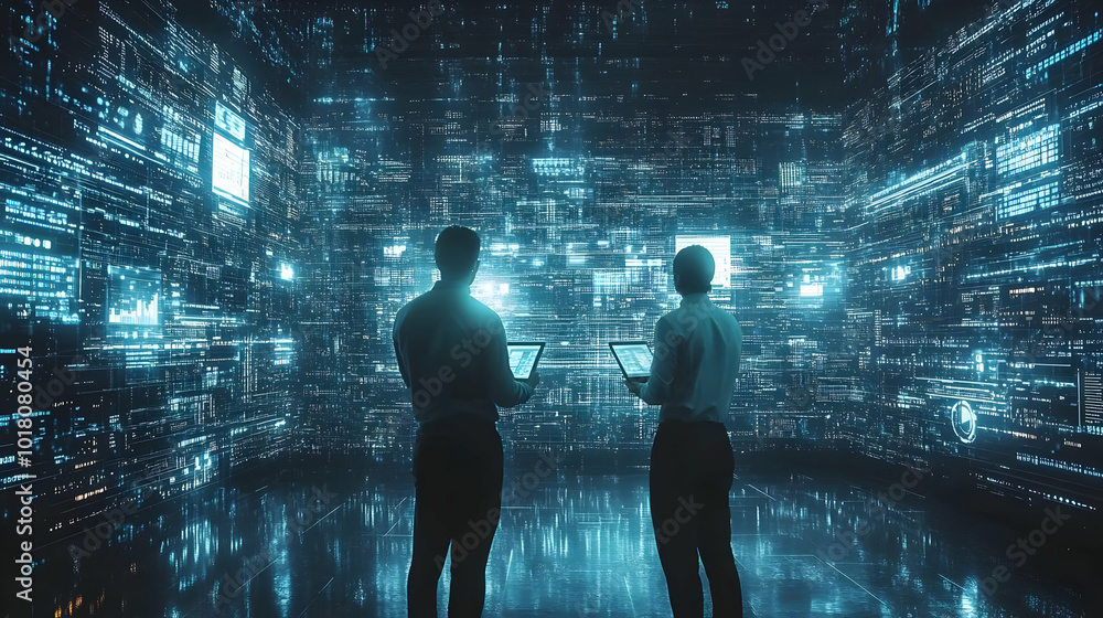 Poster two individuals analyzing data in a futuristic digital environment.