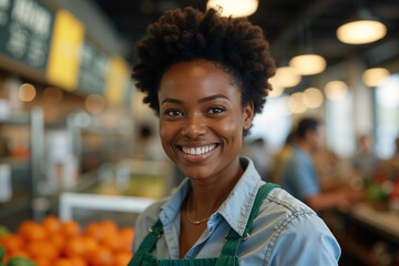 Smiling woman with curly hair, wearing a blue apron and standing behind a counter filled with fresh produce, appears to be a grocery store employee or manager.