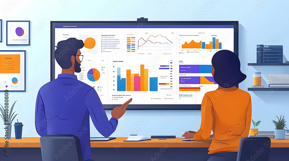 Poster two people discussing data on a large screen with charts.