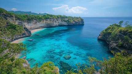Fototapeta premium A secluded cove with turquoise water and a small beach, surrounded by cliffs and greenery.