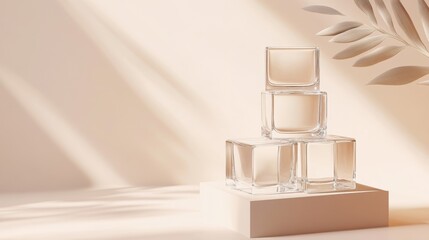 Three glass cubes stacked on a platform against a plain backdrop. This is a design template perfect for showcasing beauty products.