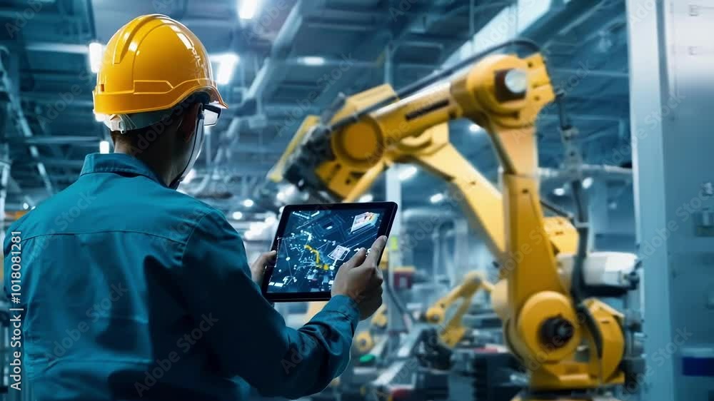 Poster engineer in a hard hat monitors automation robots in a futuristic factory, showcasing the integratio