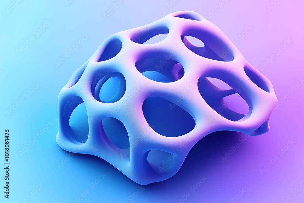 Sticker Abstract geometric structure with holes, ed in vibrant blue and purple gradients on a smooth background. The form resembles a 3D organic shape or molecule.