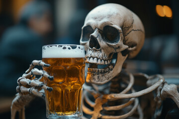 Skeleton sitting at bar enjoying a cold glass of beer