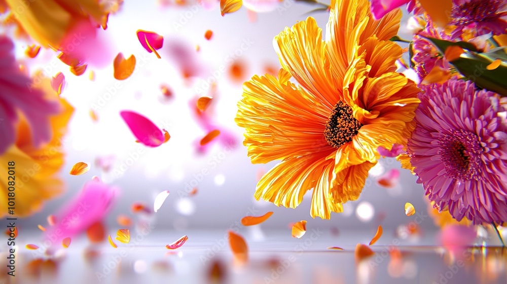 Poster   A close-up of a bouquet of flowers with petals fluttering in the wind in front of a hazy backdrop