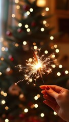 Happy New Year Burning sparklers in hands,enjoy time with couple or friend,family at home with christmas tree,cozy in fireplace,festive decorated room,Fireworks glowing in hands,rest holiday time.