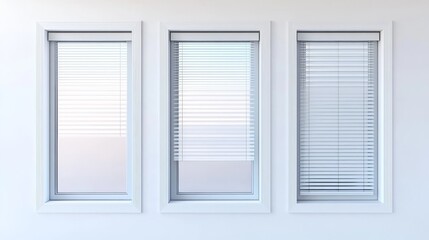 Fototapeta premium White window frames with clear glass and a roller blind. A set of plastic windows with metal blinds, shown on a clear background.