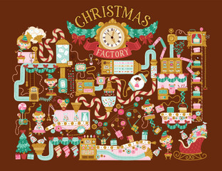 Christmas Factory Santa Claus, elves read letters, pack gifts, toys and candies for children. Hand drawn vector illustration in retro style, fantasy mechanisms, tools, pipes on chocolate background.