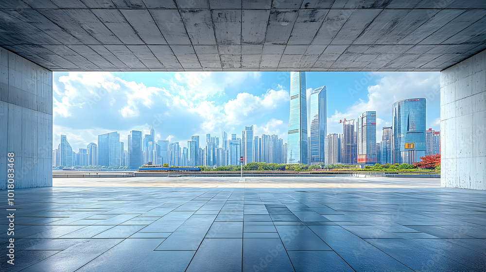 Poster Urban skyline view through a modern architectural structure.