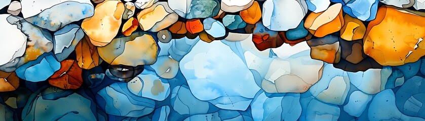 Rocks, smooth stones by a tranquil river, soft evening light, watercolor style