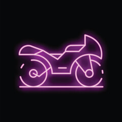 Purple neon sign depicting a sport motorcycle shining on a brick wall