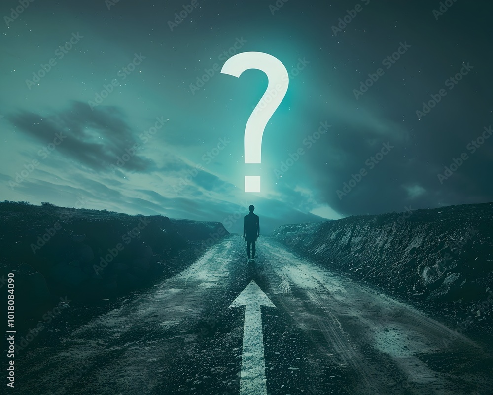 Poster man at a crossroads with glowing exclamation mark hovering above paths symbolizing a crucial decisio