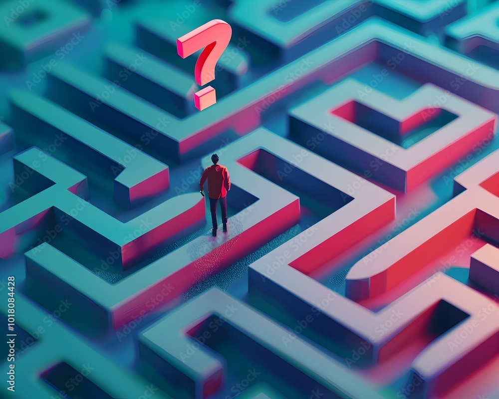 Poster person navigating maze with floating exclamation mark representing solution