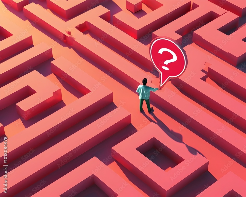 Poster person navigating through a complex maze with an exclamation mark symbolizing a solution