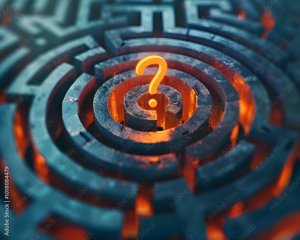 Poster navigating the maze exclamation mark guides the way to a breakthrough solution