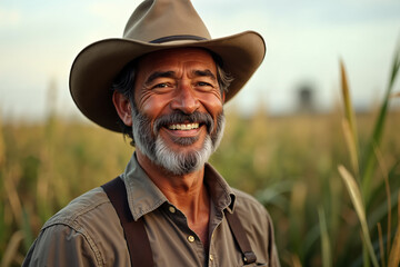 Smiling man with a beard, wearing a cowboy hat and overalls, stands amidst tall grasses, possibly indicating his profession as a farmer or rancher.