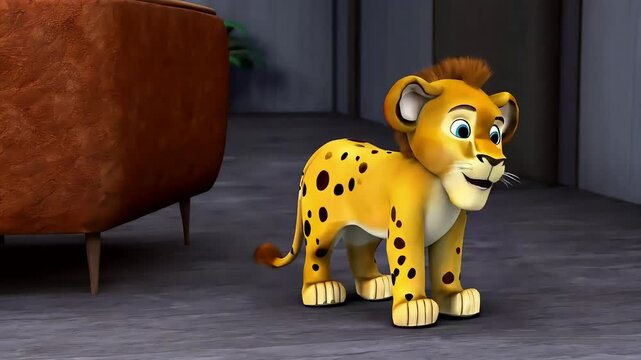 A young, spotted animal, likely a cheetah cub, explores a room.