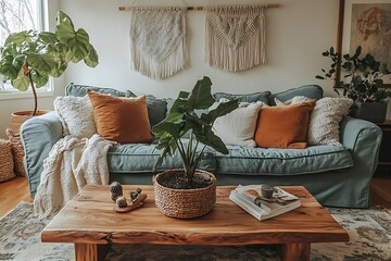 Cozy living room with plants and decorative accents.
